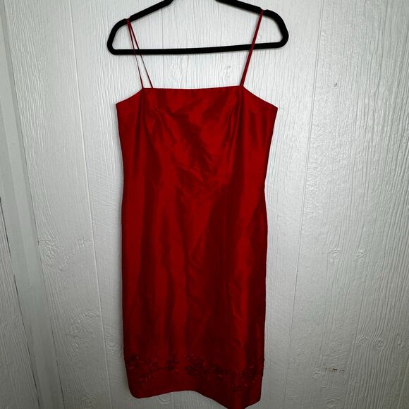 Ann Taylor Red 100% Silk Dress Size 8 Sleeveless Romantic Beaded 90s Midi Sheen - Picture 6 of 8